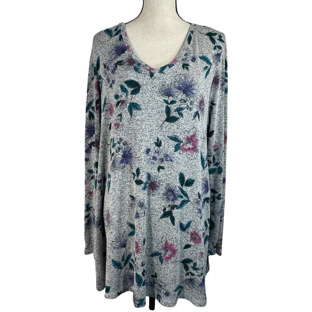 Lane Bryant SZ 18/20 Tunic Knit Top Floral Stretch Long Sleeves V-Neck Marled